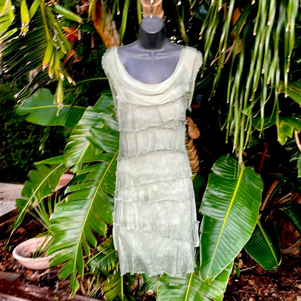 Asymmetric, raw edge, tattered Italian silk dress